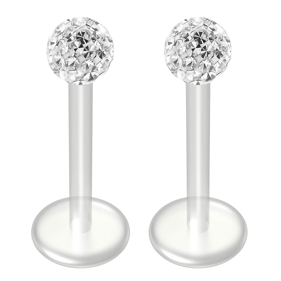 2pc 16g Crystal CZ Blue Bioplast Labret Flexible Lip Stud Clear BioFlex Hypoallergenic Jewelry 12mm