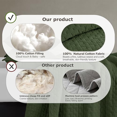 Image of palassio Olive Green 100% Cotton Quilt King Size Bedding Sets with 2 Pillow Shams, Textured Lightweight Soft Bedspread Shabby Chic Coverlet, Quilted Comforter Bed Cover for All Season, 3 Pieces