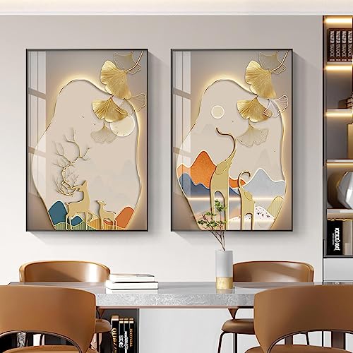 Toile abstraite grand format cerf et éléphant pour décoration murale chic