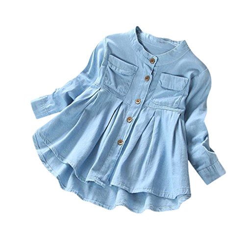 UOMOGO Bambina Blusa Ragazze Vestito Tinta Unita Maniche Lunghe Pulsanti Camicia di Jeans Tenere Caldo Cappotto Denim T-Shirt 3-8 Anni (età: 6 Anni, Blu)