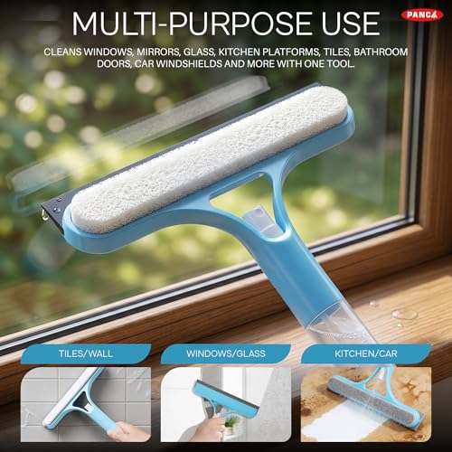 Image of PANCA 3-in-1 Window Cleaning Wiper Spray Squeegee with Built-in Scrubber, Multipurpose Glass Cleaner Wiper for Window Mirror Kitchen Platform Bathroom Tiles Car Windshield Cleaning Tool