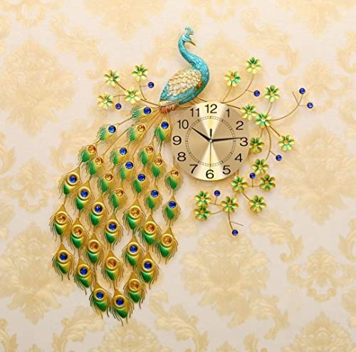 Image of RONTENO Metal 3D Peacock Big Size Analog Wall Clock For Home (Gold Blue, 32 Inches X 24 Inches) - Birds Theme