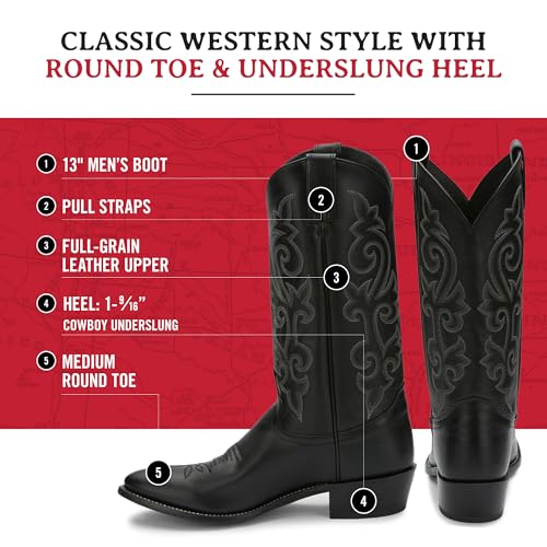 Justin Buck 13" Cowboy Boots for Men - Durable Premium Full-Grain Leather Round Toe Western Boots Build with Cushioned Insole & Full Welt Construction, Black - 7.5 EEE3
