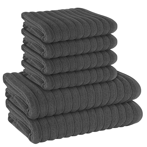 Olivia Rocco 6 Piece Ribbed Towel Set 2 Bath Towels, 4 Hand Towels Quick Dry 100% Cotton Hotel Quality Towel Sets Super Soft and Highly Absorbent, Charcoal - Cosy Home Interiors Olivia Rocco 6 Piece Ribbed Towel Set 2 Bath Towels, 4 Hand Towels Quick Dry 100% Cotton Hotel Quality Towel Sets Super Soft and Highly Absorbent, Charcoal