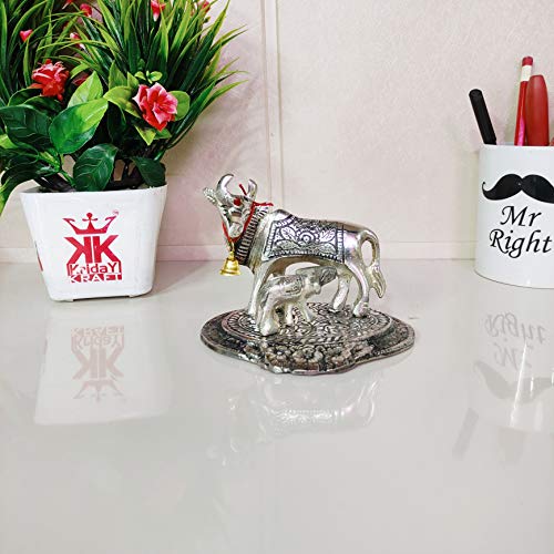 Image of KridayKraft Kamdhenu Cow,Calf with Bal Gopal Krishna Metal Statue for Good Luck,Feng Shui As Table Top Figurine,Vastu,Religious Gau MATA Idol Home,Office&Table (Silver, Small)