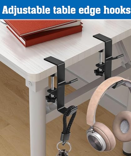 Image of Headphone Stand, Dual Hook Headphone Holder for Desk with Table Clamp, Under Desk Headset Stand Bag Hanger for Gaming and Office Setup, WhiteAlloy Construction