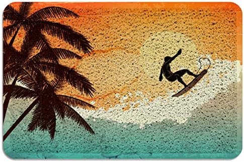 PVC Doormat Tropical Palm Tree Sea Surfing Surfboard Welcome Mat Front Entry Heavy-Duty Rubber Backing-Non Slip Indoor Outdoor Garage Patio High Traffic Area Runner Shoe Rugs - 18"x30"