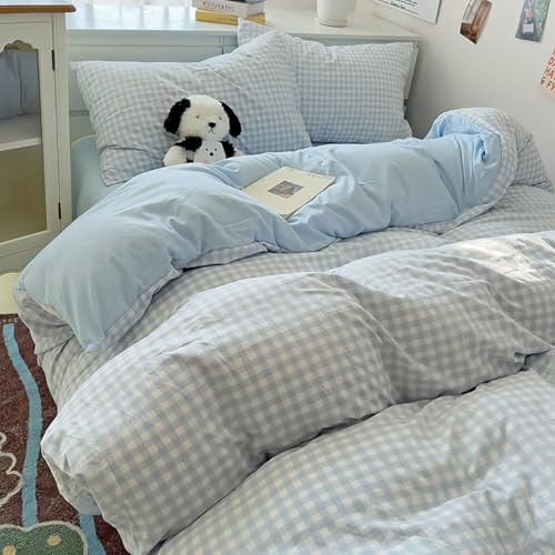 Image of Nayoroom Gingham Duvet Cover King Size Reversible Blue Plaid Checkered Duvet Cover 3 Pieces Soft Breathable Washed Microfiber Girls Dorm Bedding Set for All Seasons