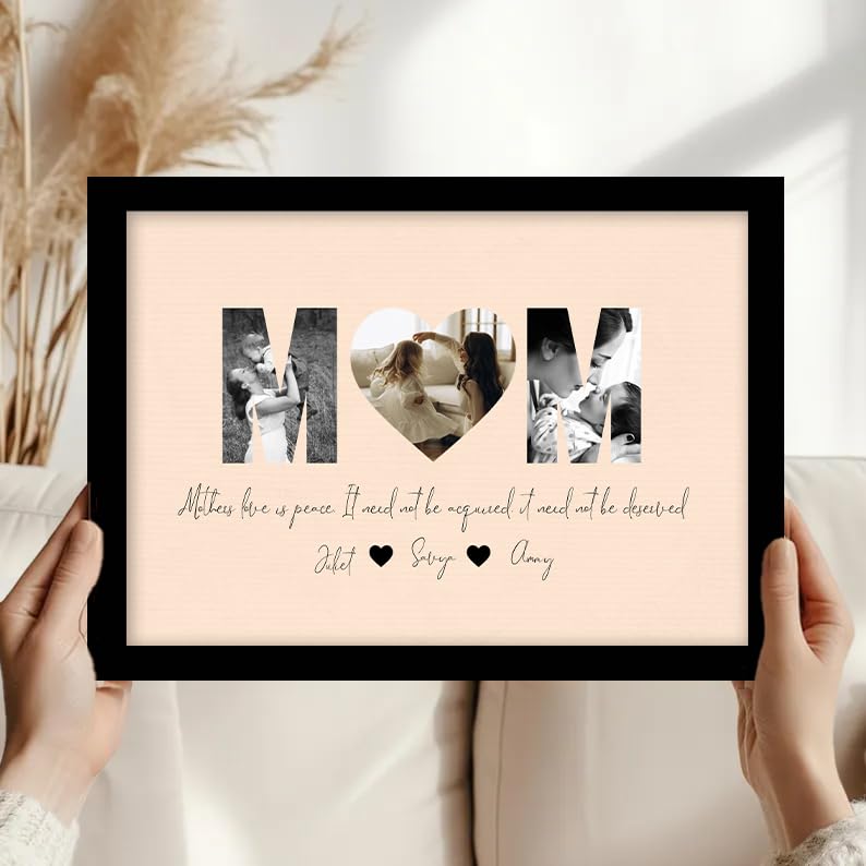Image of Customized Mother's Day Gift for your Mom with 3 Pictures Collage print along with MOM Text, Photo Frame With Photo Upload, Birthday, Anniversary, Couple, Parents (8.9x12.8 Inch)