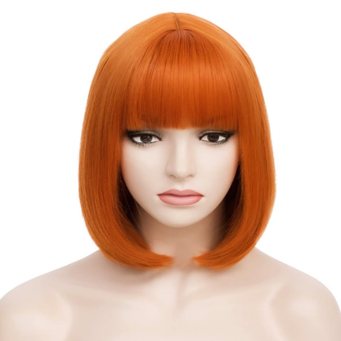 PORSMEER Short Ginger Bob Wigs with Fringe For Unisex Womens Girls Natural Synthetic Hair Colorful Costume Cosplay Wig for Anime Halloween Fancy Dress Party+Wig Cap,Copper Brown