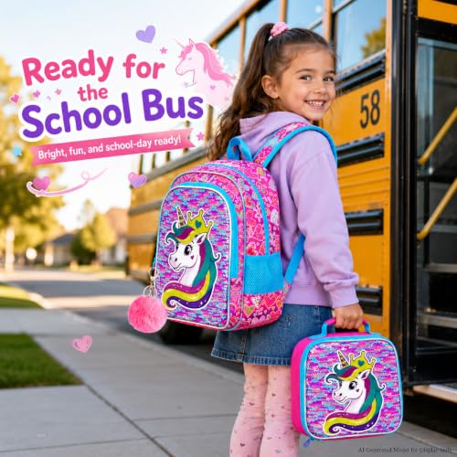 Image of 16 inch Unicorn Girls Backpack, 3Pcs Sequin Bookbag Set for Kids, Elementary Preschool Preschool School Backpacks with Lunch Box (Rose)