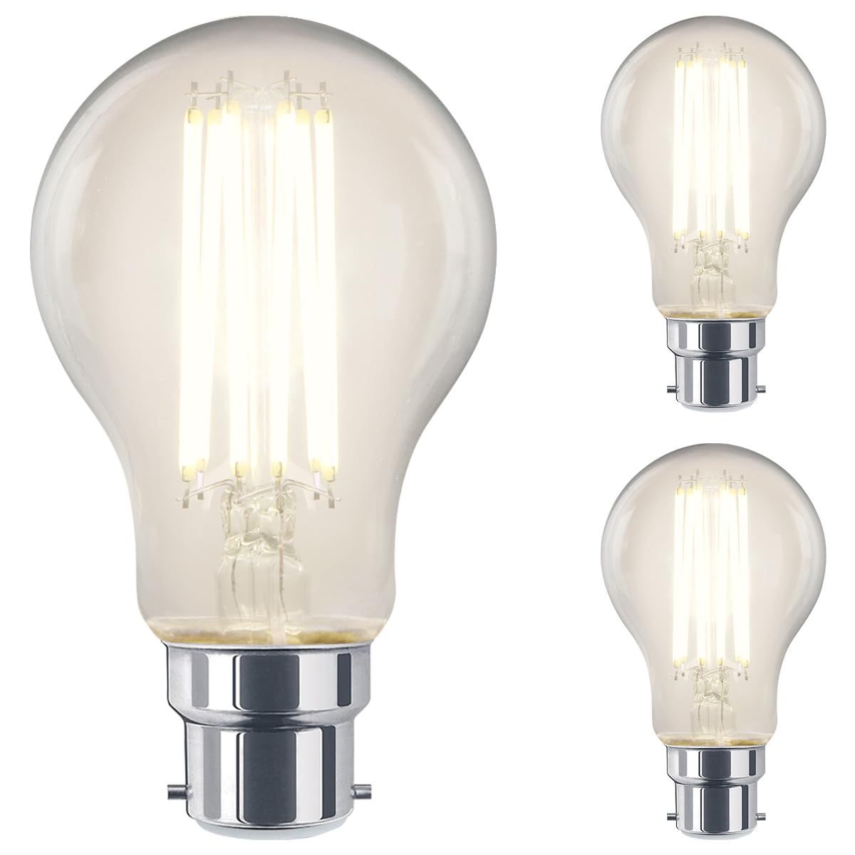 Long Life Lamp Company 3 LED Light Bulb 4000k B22 Bayonet 12w Filament Clear Glass A60