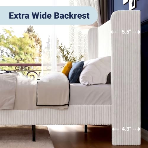 Image of Allewie Full Size Platform Bed with Corduroy Wingback Headboard, White | 800 lb Capacity, Corduroy Wingback Headboard, Vertical Channel Design, Wood Slat Support, No Box Spring Needed, Easy Assembly
