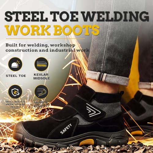 Image of GLANOUDUN Steel Toe Boots for Men, Welding Work Boots with Puncture-Resistant Midsole, High Top Hook and Loop Safety Footwear for Welding Workshop Construction Warehouse Factory