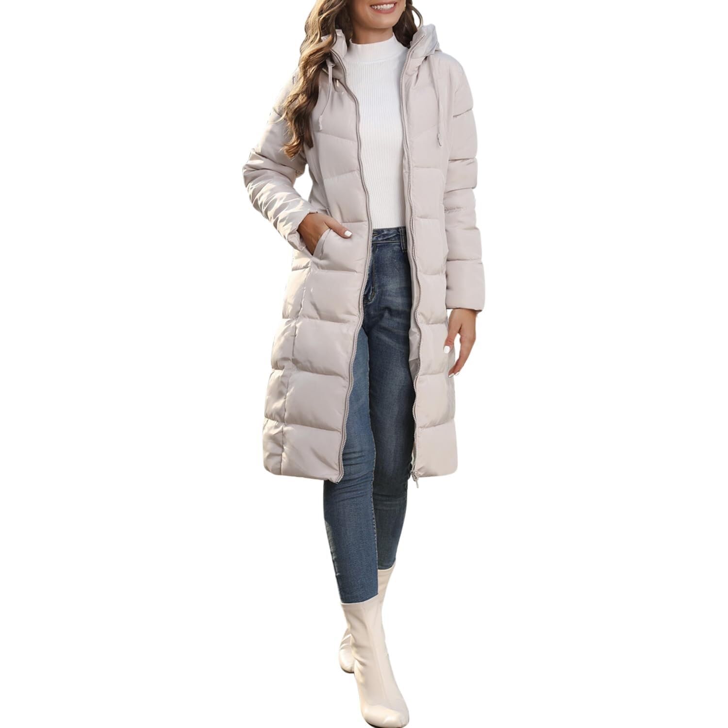 Lockenstab Women Winter Warm Quilted Puffer Outerwear Parka Coat Windproof Long Down Hooded Jacket(Light Khaki,12)