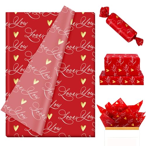FYSUIMU 60 Sheets Valentine's Day Love Tissue Paper Red Gold Love You Heart Gift Wrapping Paper for DIY Crafts Wedding Anniversary Party Supplies, 13.8 x 19.7 Inch