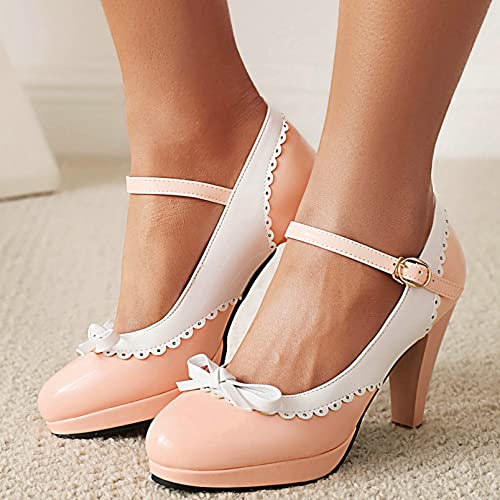 LUXMAX Womens Rockabilly Shoes Patent Leather Mary Janes Platform Block High Heel Ankle Strap Pumps Bow Vintage Wingtip Shoes3