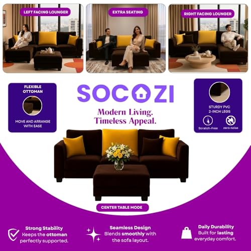 Image of SOCOZI Trevano 4 Seater L Shape Sofa Set with Movable Ottoman | Flexible Left or Right Layout | Soft Velvet Suede Fabric | Modern Design | Plush Comfort Cushions for Living Room (Blue -Light Grey)