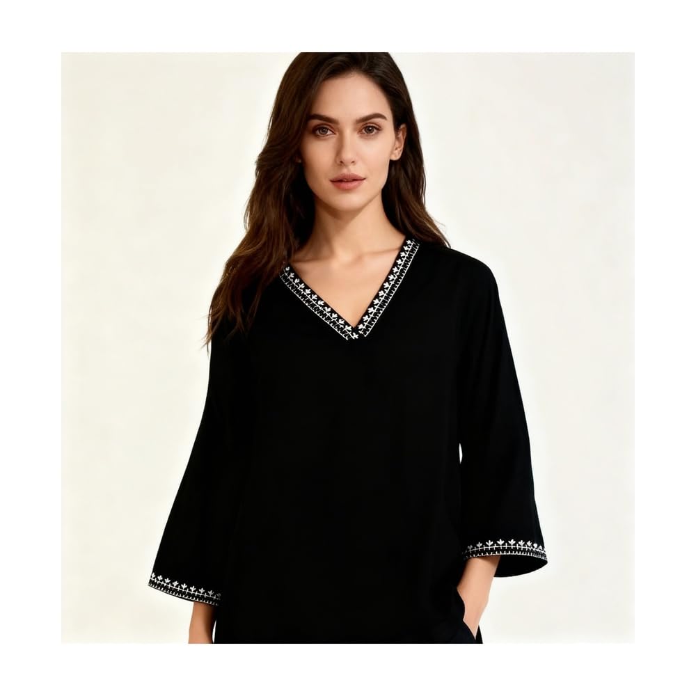 Women's Elegant Black Tunic Top with Embroidered V-Neck Trim, 3/4 Sleeve Casual Blouse, Ethnic Detail I Short Kurti I Embroidery Short Kurta-image-40