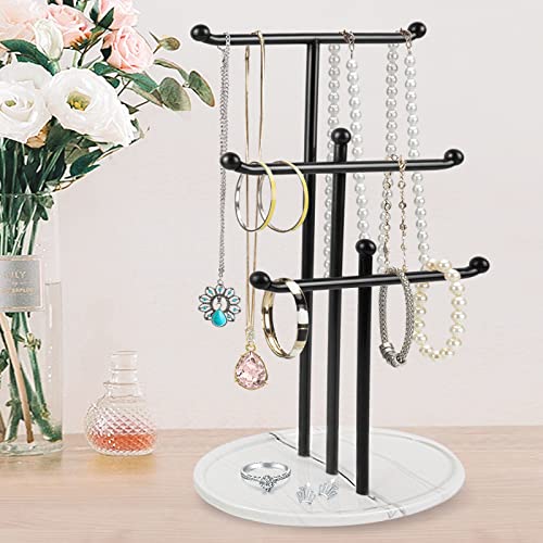 Jewelry Organizer Stand With Extra Long Tier, 3-Tier Jewelry Holder Stand With Ceramics Tray, Necklace Holder, Jewelry Tree, Jewelry Tower For Earrings, Long Necklaces, Bracelets And Rings (Black) #TOP5