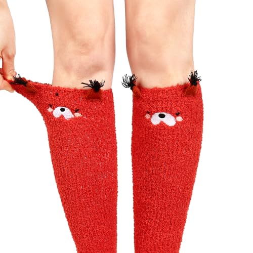Image of Benefeet Sox Girls Cute Animal Fuzzy Knee High Socks Womens Funny Striped Cozy Winter Warm FluffyThigh High Socks Leg Warmers