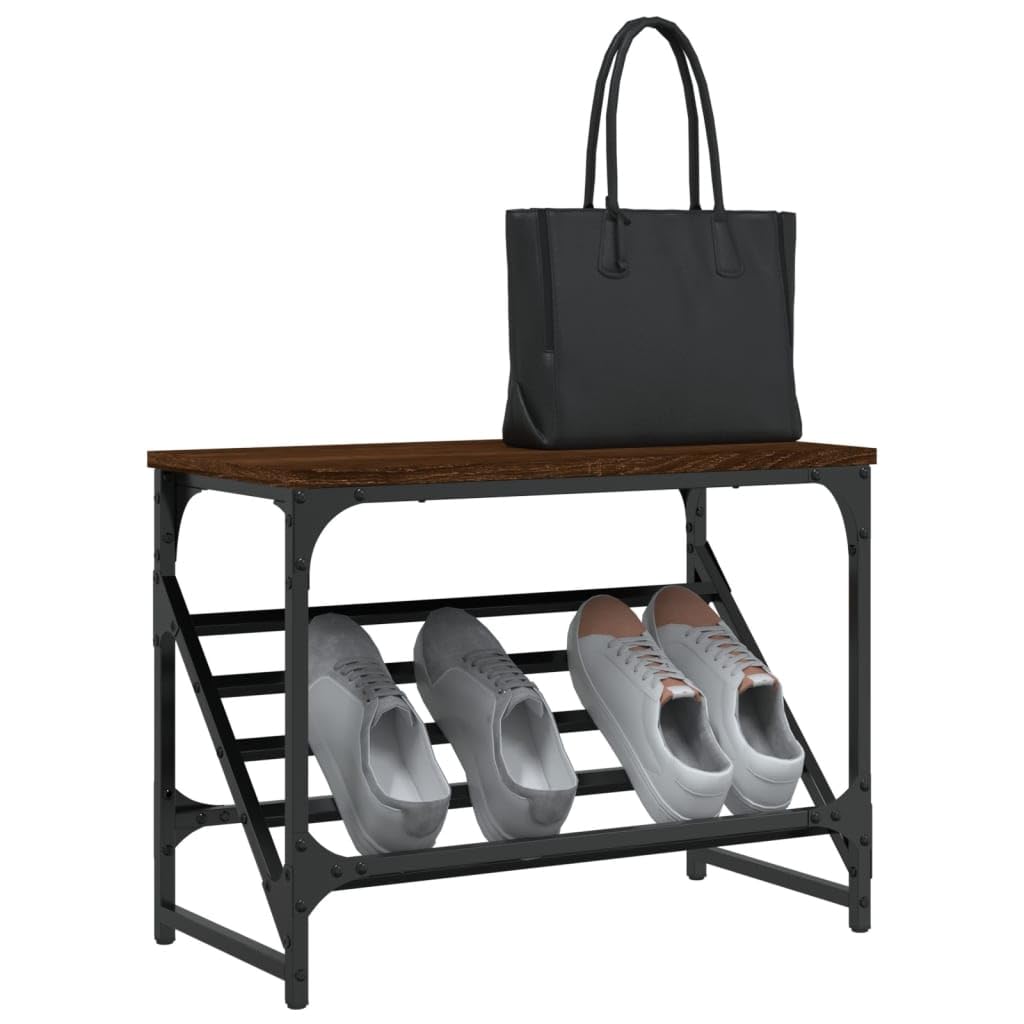 Regał na buty 60x30x45 cm drewno drewno brązowy kolor dębu | Czarna stalowa rama malowana proszkowo, skośna półka, solidny blat do torby i dekoracji