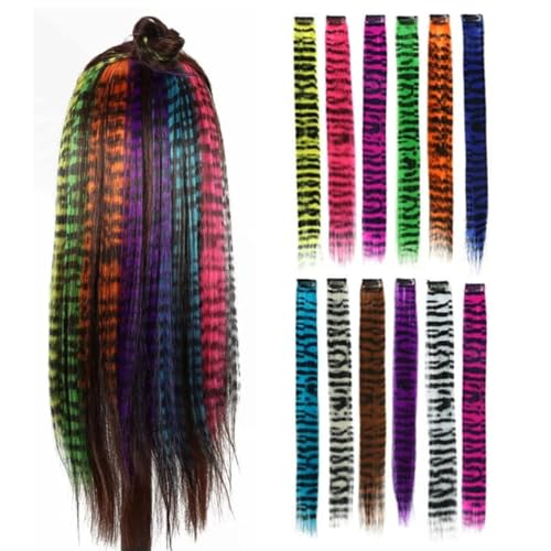 kudois Stripe Printed Wig Piece Colorful Long Straight Clip-in Hair Extensions for Daily Use Party Halloween (12 Color)