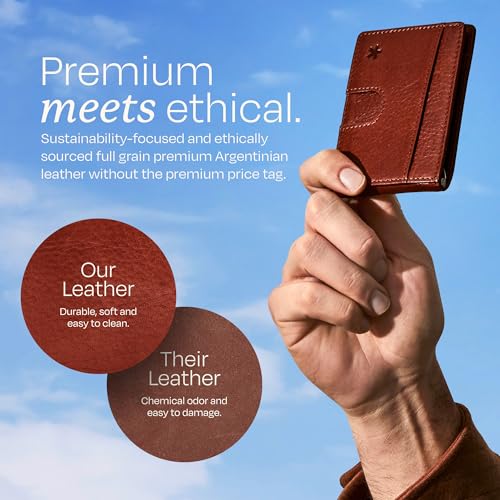 Image of Swear Brands Full Grain Leather Wallet with RFID Blocking & Money Clip - Minimalist Bifold Wallet Holds 12 Cards - Easy Access Pull Tab - Ethically Sourced (Brown)