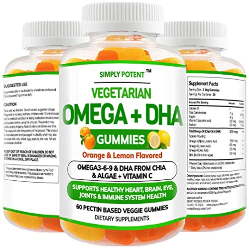 Omega 3 Gummies, Fish Oil Free Vegan Omega 3 6 9 + DHA, Chia Seed & Algae Based Omega 3 Supplement for Men Women & Kids for Brain Heart Joint Eye & Immune Health, 60 Orange & Lemon Flavor Gummies