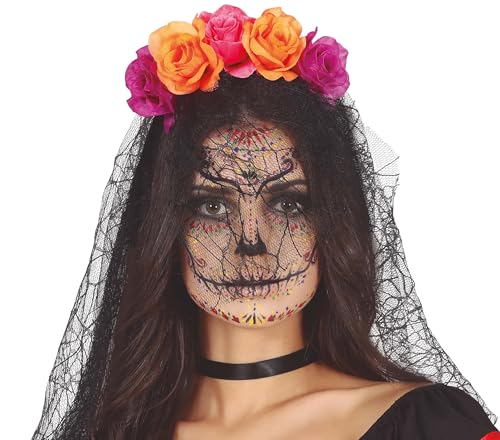 FIESTAS GUIRCA Diadema Catrina Mujer con Velo Negro Halloween y Diadema Flores Lila y Naranja