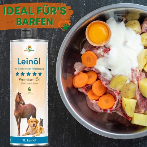 Mahu Natur Leinöl Für Hunde 1 Liter - Barföl Nativ Mit Omega 3 & 6 Fettsäuren - Leinöl Pferde, Hunde & Katzen Natürlicher Futterzusatz Zum Barfen - 1000ml Leinsamenöl In Recyclebarer Dose