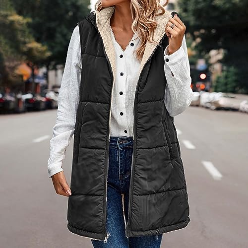 Women Winter Hooded Reversible Long Vest Sleeveless Fleece Lined Down Jacket Zip Up Long Puffer Vest Warm Windbreaker3