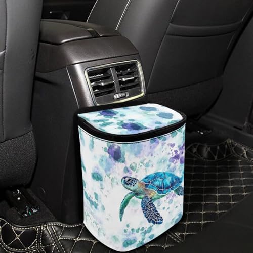 Image of DISNIMO Tie Dye Sea Turtle Car Trash Can with Lid, Car Accessories Leak-Proof Waterproof Car Garbage Bin Collapsible Portable Car Storage Organizer Trash Bag for Car SUV Trucks