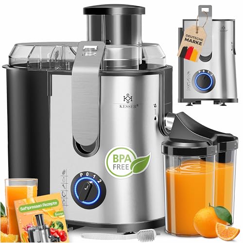 KESSER® Entsafter für Obst und Gemüse aus Edelstahl 1100W große 85 mm Einfüllöffnung 3 Geschwindigkeitsstufen, Saftpresse Juicer, inkl. Reinigungsbürste, Saftbehälter & Rezeptebuch, Grau/Silber