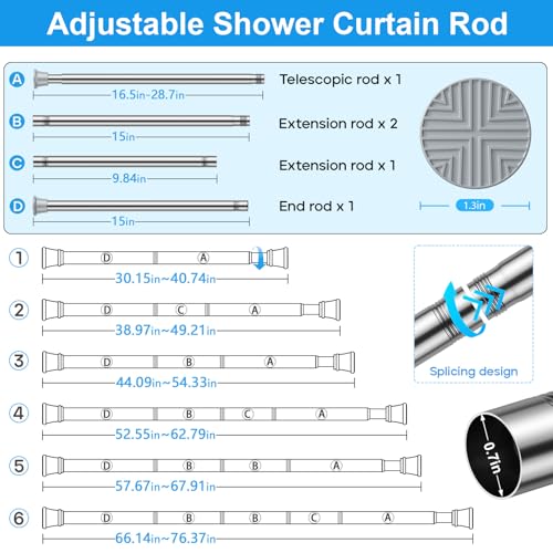 Image of MEXAU 1Pack Spring Tension Curtain Rods 31-76 Inch Silver Shower Curtain Rod