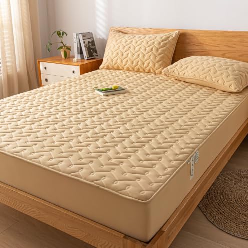 FCLDESHOP Sábana Acolchada Impermeable de algodón Crudo, Protector de colchón con Barrera Orina para Dormitorio de niños Mayores, Caqui, 200x220 cm (1 Unidad)