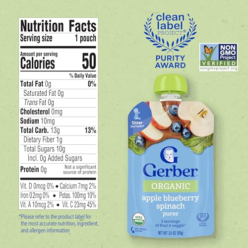 Gerber Stage 2 Organic Apple Blueberry Spinach Puree Pouch, 12-Pack - image 2
