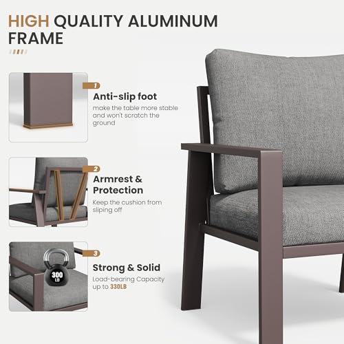 Image of Aluminum Patio Furniture Set 5 Pieces Modern Patio Conversation Sets for Porch, Deck, Garden, 7-Seat Outdoor Furniture Metal Sofa Set with 4 inch Water-Resistant Cushion & Coffee Table,Gray