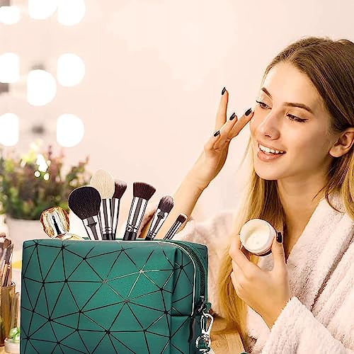 Image of Sunesh Creation Large Capacity Cosmetic Travel Bag, Women's Makeup Travel Bag Portable Leather Cosmetics Bag, Makeup Storage Bags with Handle and Divider, Makeup Bag - Green