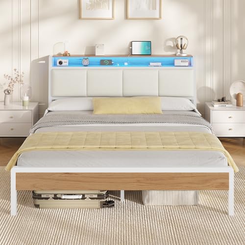 KIMENICH Cama 160x200 Cama con Iluminación LED Cama tapizada 160x200 Base de Carga Somier Cama con Somier para Dormitorio Habitación de Huéspedes, Blanco