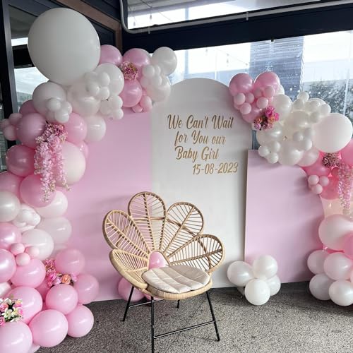 Image of Pink and White Balloon Arch Kit, ADOINBY 140Pcs Macaron Pink Balloon Matte White Balloon 18 12 10 5 Inch Different Size Balloons for Engagement Wedding Birthday Baby Shower Gender Reveal Decorations