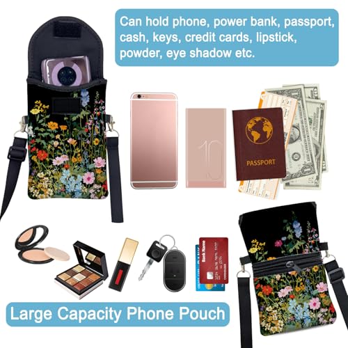 Image of Neoprene Cell Phone Sleeve Pouch Case Bag with Crossbody Strap Neck Lanyard for Women 7.5 X 4.3 in Flowers Plants
