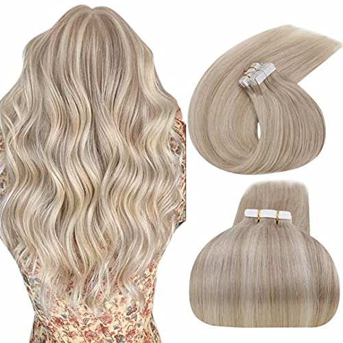 Remy Tape in Hair Extensions Human Hair Straight Tape in Blonde Hair Extensions Highlight Ash Blonde to Medium Blonde Tape on Highlight Hair Extensions Tape in Human Hair Blonde 20Pcs 50g 18”