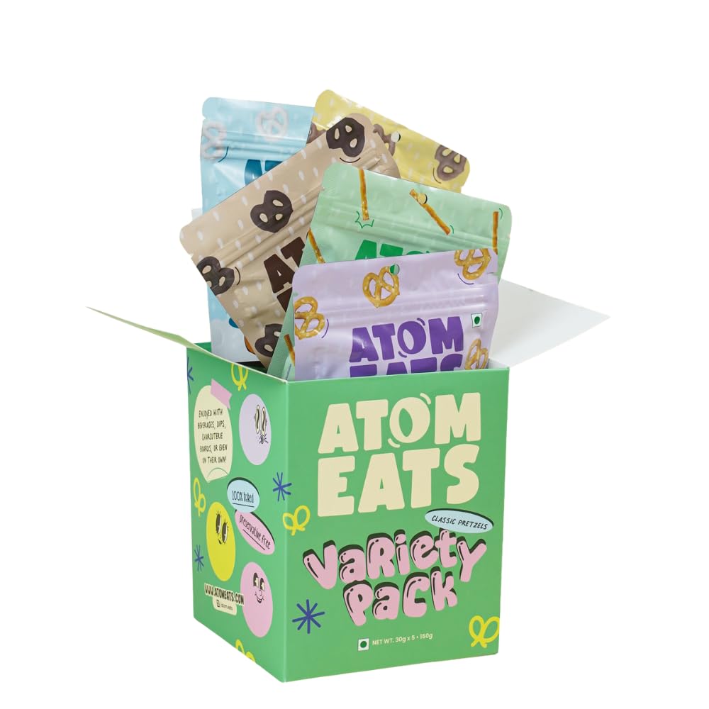 Atom Eats Classic Pretzel Variety Pack of 5 (30g Each) Salted Mini Knots & Sticks | White, Milk & Dark Chocolate Dipped Mini Pretzels | Savoury Snacks, Sweet & Salty Crunchy Namkeen | Imported Snacks