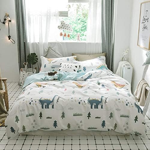 Dinosaur Duvet Cover Queen, 100% Cotton 3 Pieces Queen Dinosaur Bedding Set for Girls Boys, Cartoon Style Dino Print Reversible Queen Duvet Cover Forest, with Zipper Closure, Comfortable Breathable