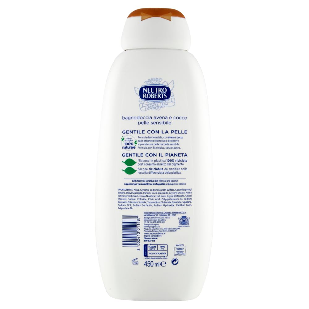 12 x Neutro Roberts Bagnodoccia Pelle Sensibile con Avena e Cocco, gel doccia per pelli sensibili con avena e cocco 450 ml + portachiavi Beni Culinari