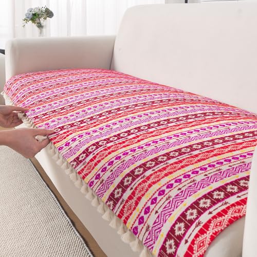 Image of HOKIPO Sofa Cover Mat with Tassel | 300 GSM Cotton Acrylic Jacquard for 3 Seater Sofa,'Trivana Series' Hot Pink (IN-936-J3*S)