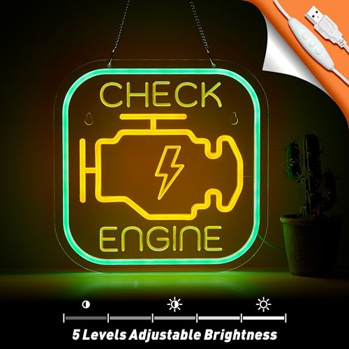 Image of Check Engine Neon Sign for Wall Decor Garage Light LED Light USB Powered for Man Cave Auto Repair Shop Workshop Party Birthday Gift