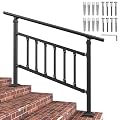 Wilkblck Outdoor Stair Railing Fit for 1-4 Steps with Fence Transitional Handrails for Outdoor Steps Wrought Iron Handrail Flexible Height Step Handrail with Installation Kit, Matte Black