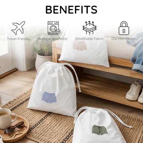 Image of Lingerie Drawstring Bags Set of 3, 15x15 inch, 100% Pure Cotton, Blue Embroidery Pattern Pouch for Underwear, Swimwear, Travel Storage, Washable Beach Bags for Men (White)